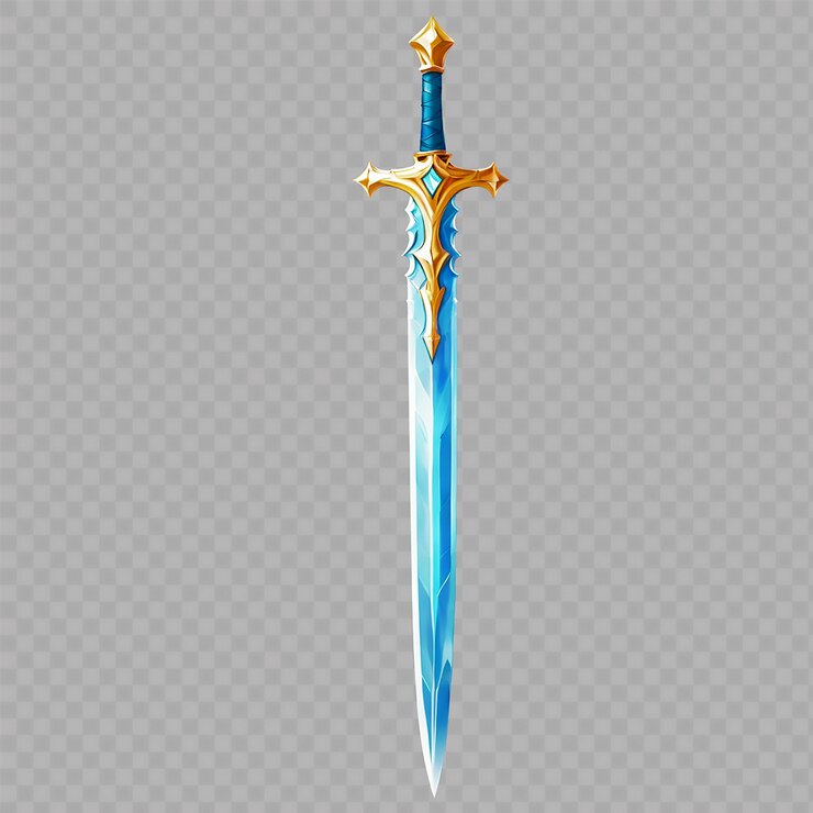 PSD una espada azul con oro y naranja en un fondo negro