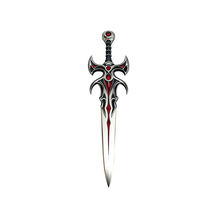PSD espada de fantasia ornamentada com gemas vermelhas isoladas em fundo branco