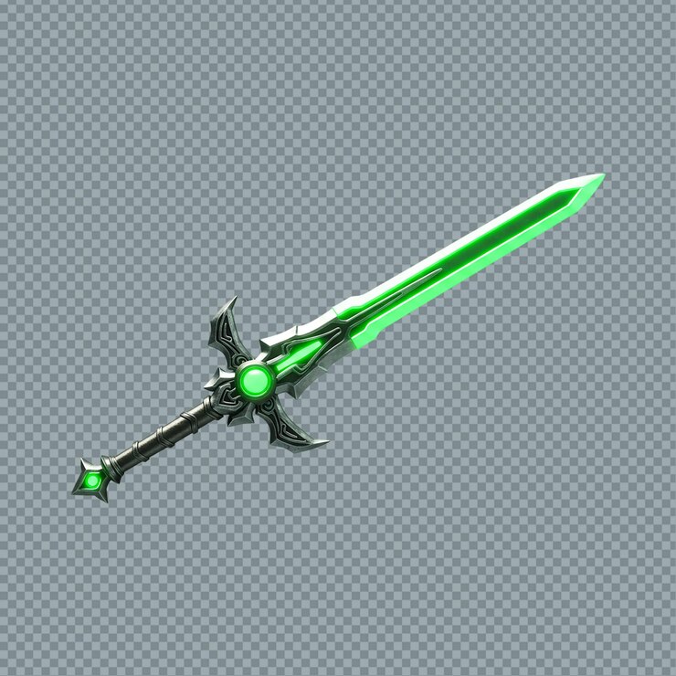 PSD una espada de fantasía verde brillante con un intrincado diseño de empuñadura en un fondo a cuadros png
