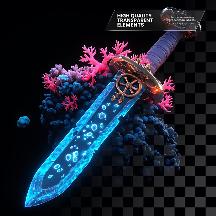 PSD espada pirata de arrecife de coral de dibujos animados en 3d con un tema oceánico en un fondo transparente