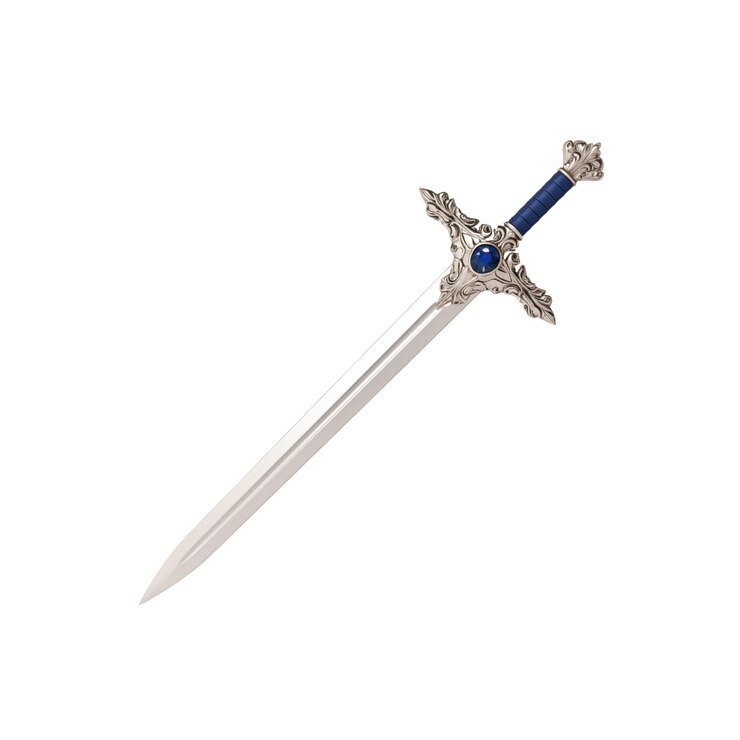 PSD espada de plata de diseño intrincado con piedras preciosas azules y cuchilla elegante y afilada