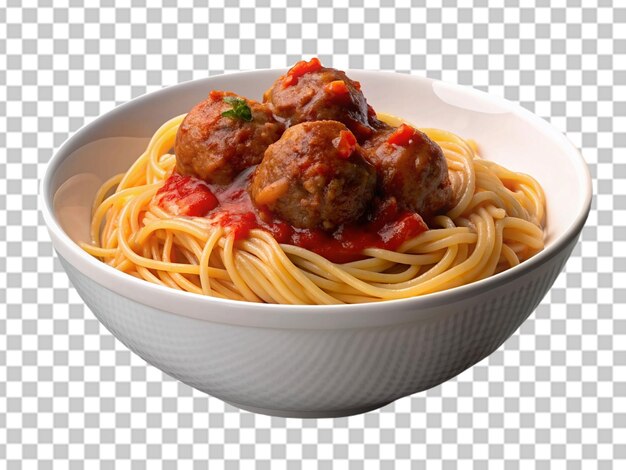 Espagueti con albóndigas y salsa de tomate en un cuenco de primer plano aislado sobre un fondo transparente