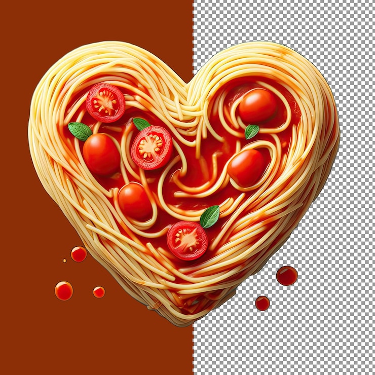 PSD espagueti romántico en forma de corazón con salsa de tomate png