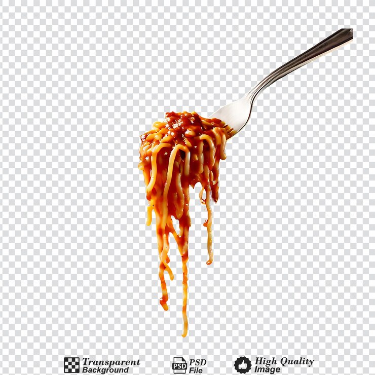 PSD espagueti con salsa bolognese colgado en un tenedor aislado sobre un fondo transparente