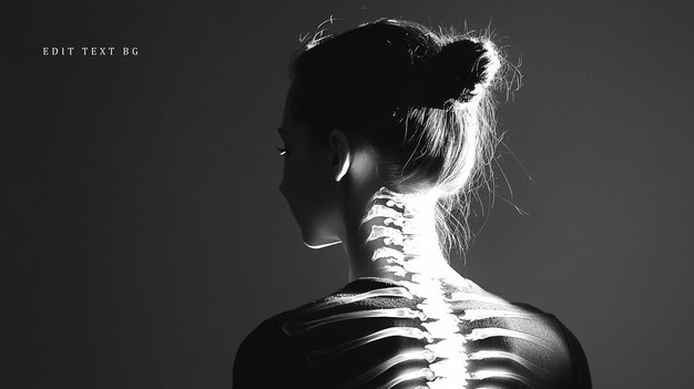 La espalda de la mujer con la columna vertebral visible es una toma de estudio en blanco y negro.