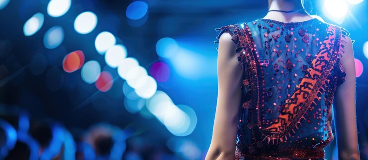 PSD la espalda de una mujer en un vestido brillante con luces borrosas en el fondo