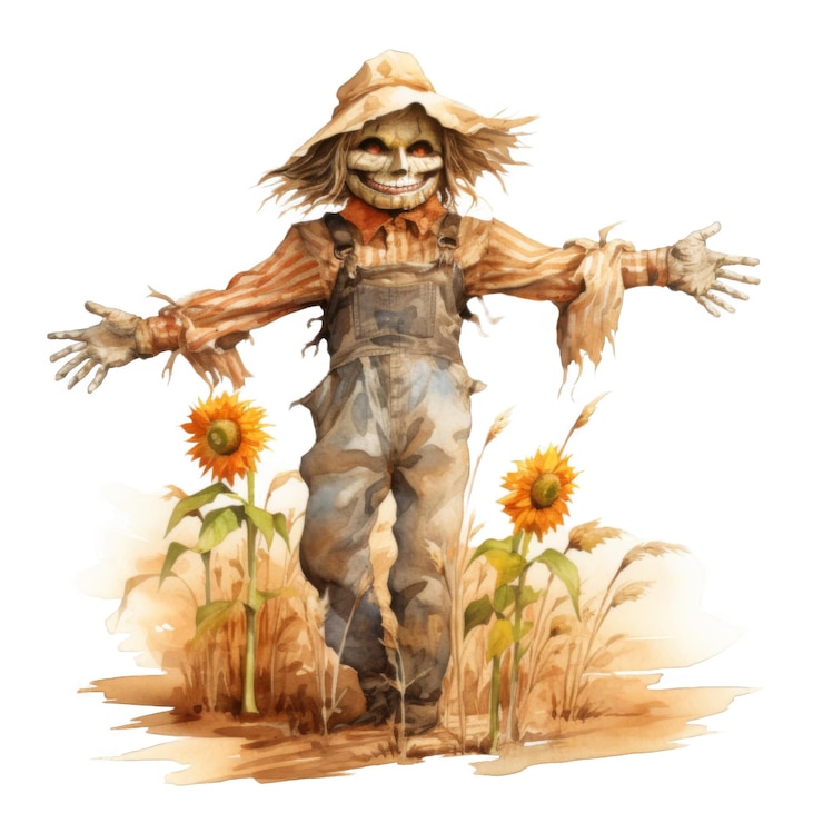 PSD un espantapájaros espantoso con una sonrisa sinistra en un campo de girasoles
