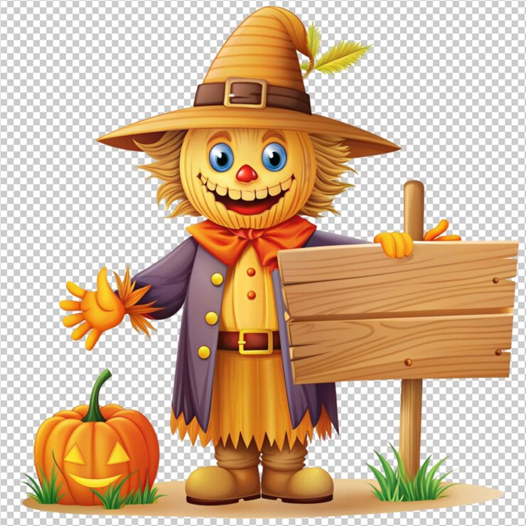 PSD el espantapájaros de halloween con un letrero de madera en un fondo transparente
