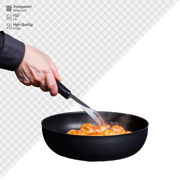 PSD con la espátula en la mano cocinando un delicioso pollo en una sartén