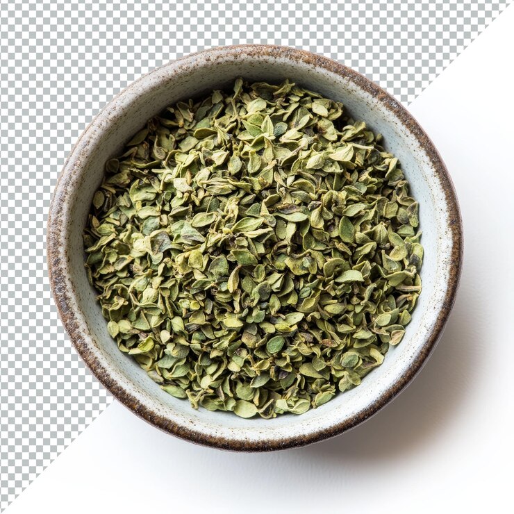 PSD especia de orégano seca en un cuenco rústico sobre un fondo blanco limpio para usos culinarios y mejora de recetas especia de oregano en un cueno sobre fondo blanco