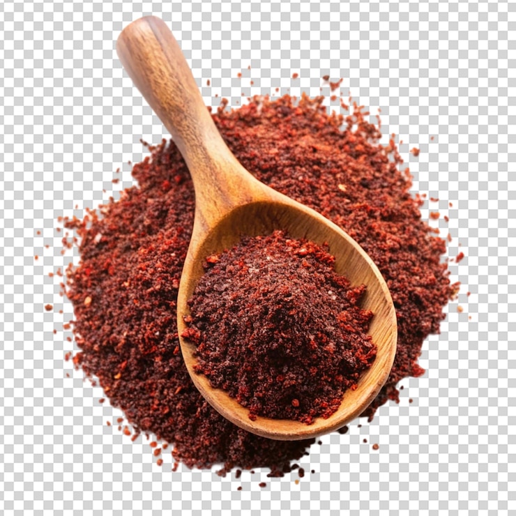 PSD especia de sumac en cuchara aislada sobre un fondo transparente