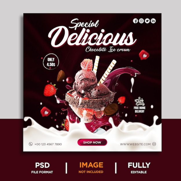 Especial delicioso helado de chocolate para redes sociales o plantilla de banner de Instagram Premium Psd