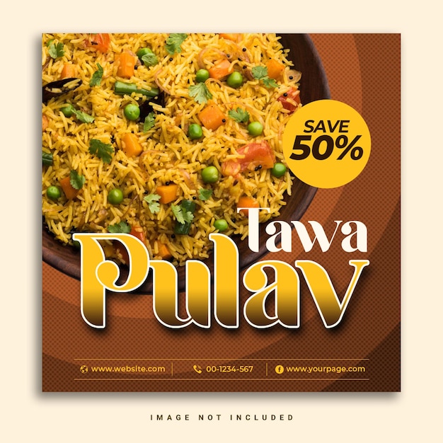 Especial delicioso tawa pulav comida de arroz comida banner de redes sociales plantilla de publicación de instagram psd