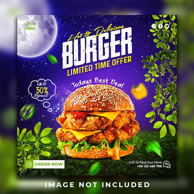 Especial delicious burger y menú de comida rápida diseño de publicación de banner de redes sociales