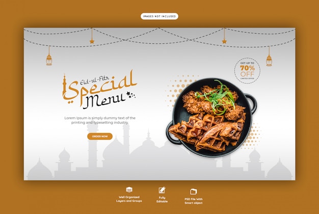 Especial eid ul fitr comida menú web banner psd