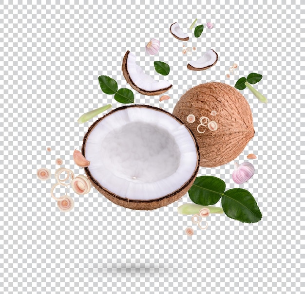 Especiarias e ervas na culinária incluem coco, capim-limão, alho, folhas de limão kaffir isoladas PSD Premium