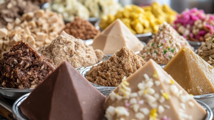PSD las especias aromáticas y los dulces son una colorida exhibición en el mercado