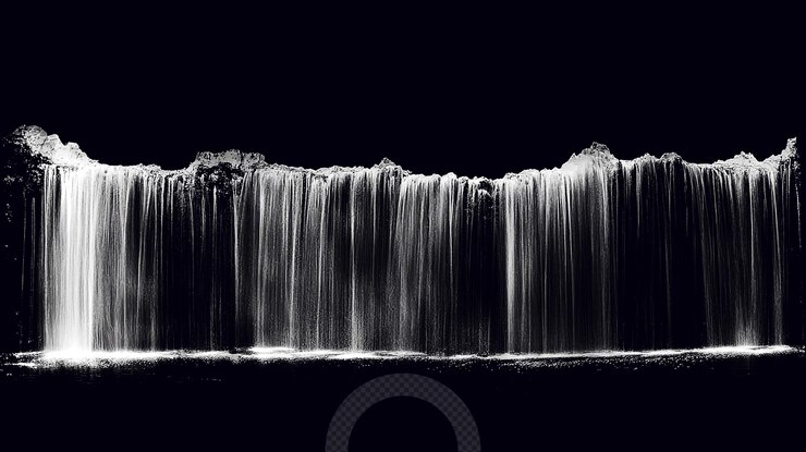 PSD espectaculares cascadas en blanco y negro al anochecer que crean una atmósfera serena