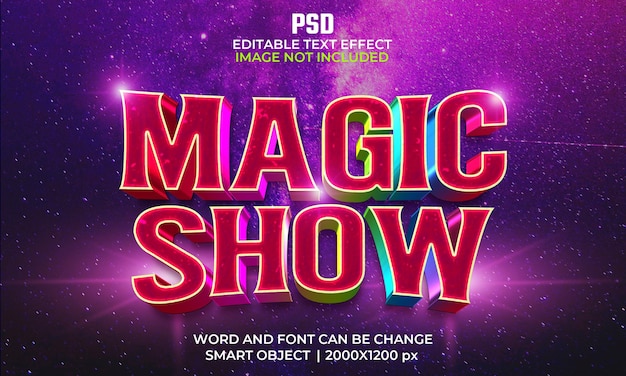 Espectáculo de magia efecto de texto editable 3d PSD Premium con fondo