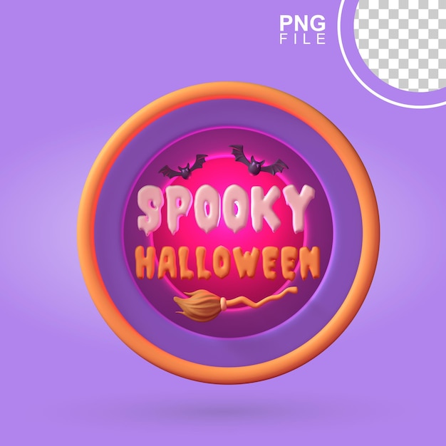 PSD espeluznante insignia de halloween en 3d con murciélago y escoba de bruja