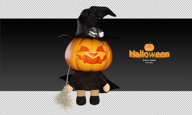 PSD espeluznante y lindo personaje de muñecas de calabaza de halloween con sombrero de bruja y sosteniendo una escoba voladora