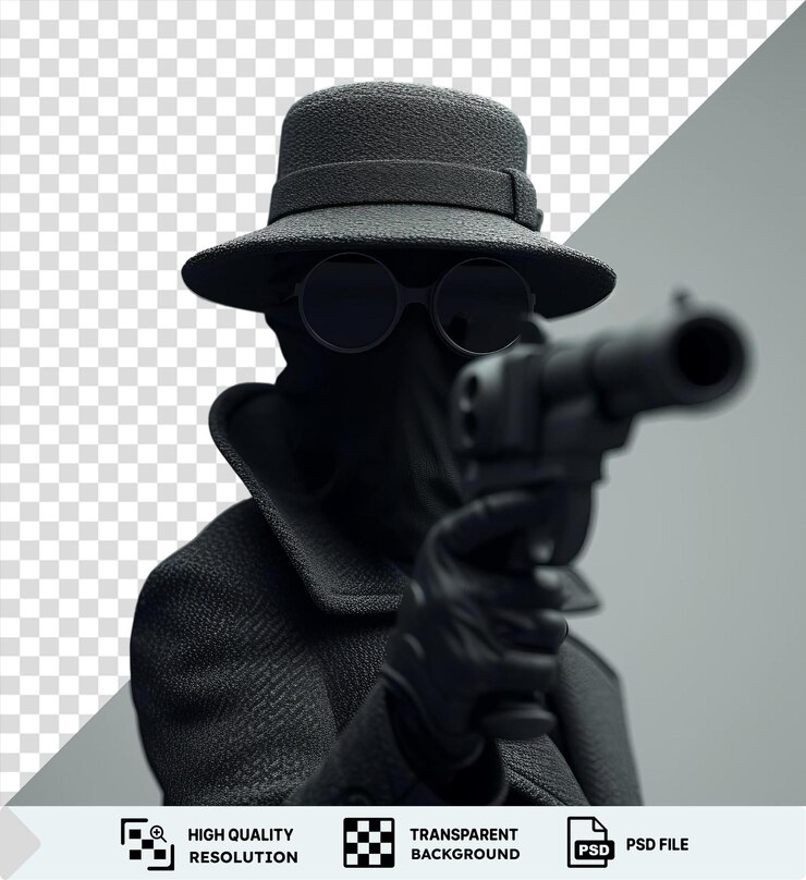 PSD espião 3d isolado em uma missão secreta vestindo um chapéu preto e segurando uma arma preta com uma parede cinza e branca no fundo e uma mão preta visível em primeiro plano