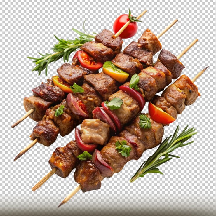 PSD espigas de carne de cordero asadas kebab de barbacoa aislado sobre un fondo transparente
