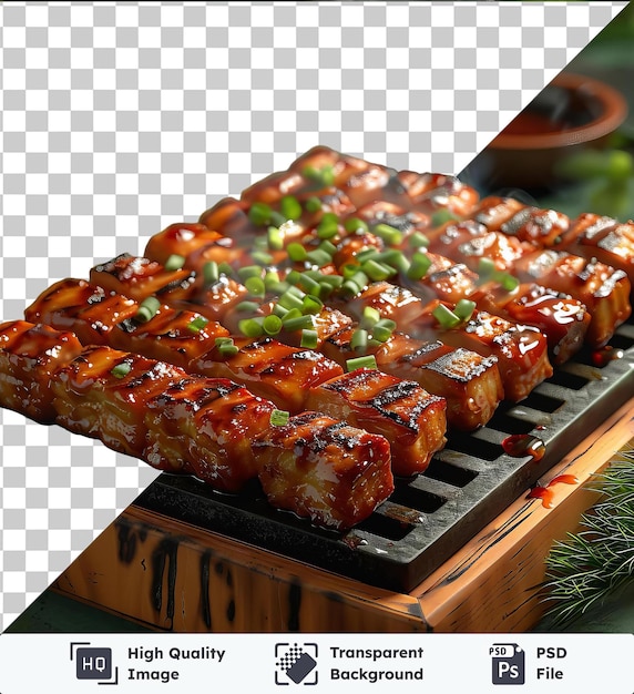 Espigas yakiniku transparentes en una parrilla rodeadas de una planta verde y un cuenco rojo y marrón