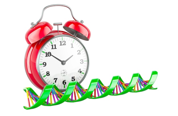 Espiral de ADN con representación 3D de reloj despertador aislada en un fondo transparente