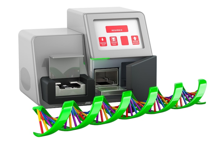 PSD espiral de adn con secuenciador de adn concepto de investigación de biotecnología renderización 3d aislada en un fondo transparente