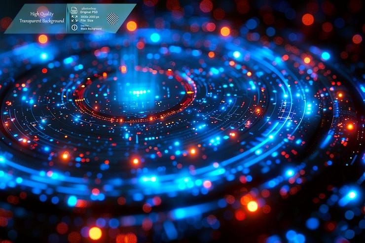 PSD una espiral de círculos rojos y azules se muestra sobre un fondo negro