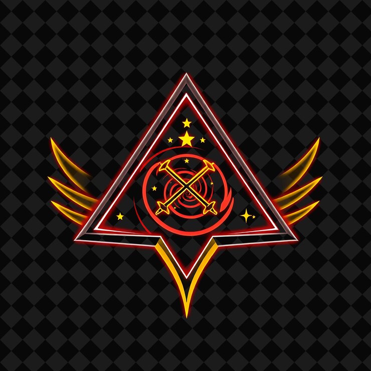 PSD espiral de néon cintilante dentro de um emblema triangular com cantos afiados e curvas suaves dentro de sh