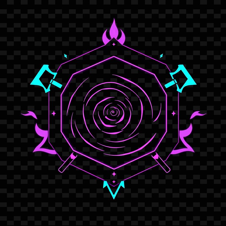 PSD espiral iluminada con neón dentro de una insignia hexagonal con bordes de punta de llama decorados con estrellas de ejes cruzados