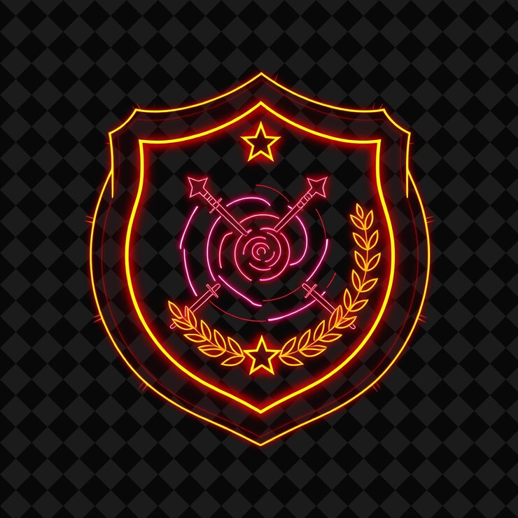 PSD espiral de neón brillante dentro de una insignia en forma de escudo con contornos grabados sables cruzados laure