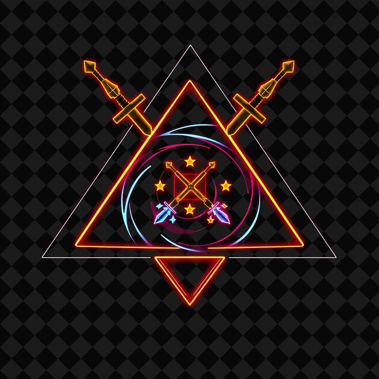 PSD espiral de neón centelleante dentro de una insignia triangular con esquinas afiladas y curvas suaves dentro de sh
