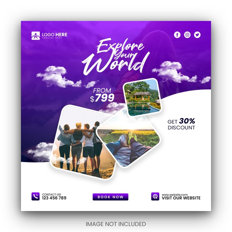 Esplora il modello di banner post instagram per le vacanze in viaggio sui social media