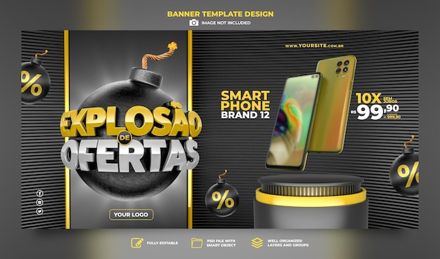 Esplosione di banner di offerte in rendering 3d portoghese per la campagna di marketing in brasile