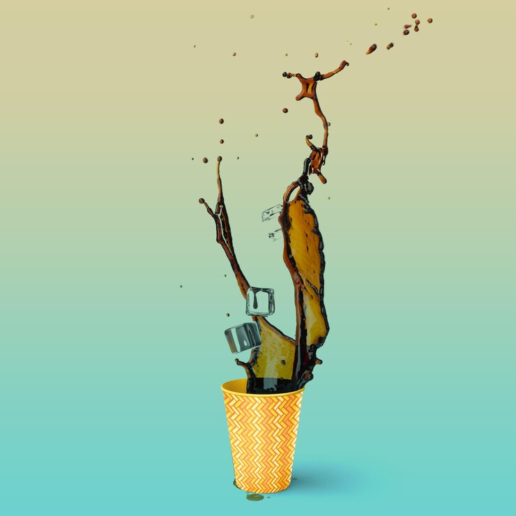 PSD esplosione di caffè con una tazza e un mockup di ghiaccio