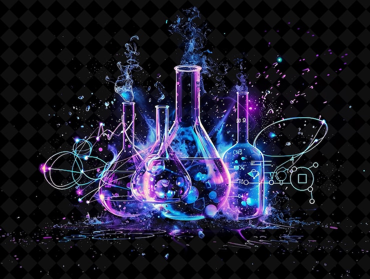 PSD esplosione di reazione chimica con bicchieri a bolle che girano l effetto neon png su sfondo scuro