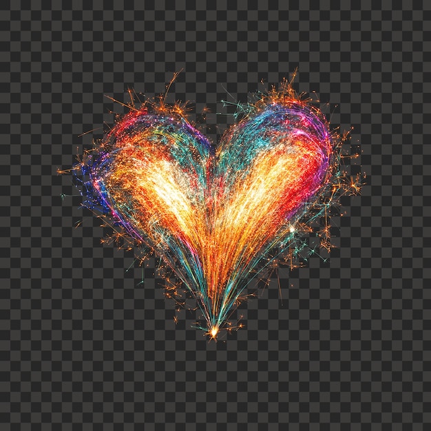Esplosione di scintilla luminosa a forma di cuore con effetto multicolore PNG trasparente