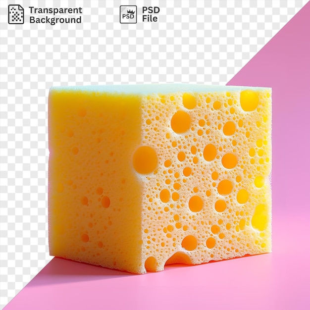 PSD esponja de cocina transparente en un fondo rosa acompañada de un pastel amarillo y un punto naranja y amarillo con una sombra oscura en primer plano