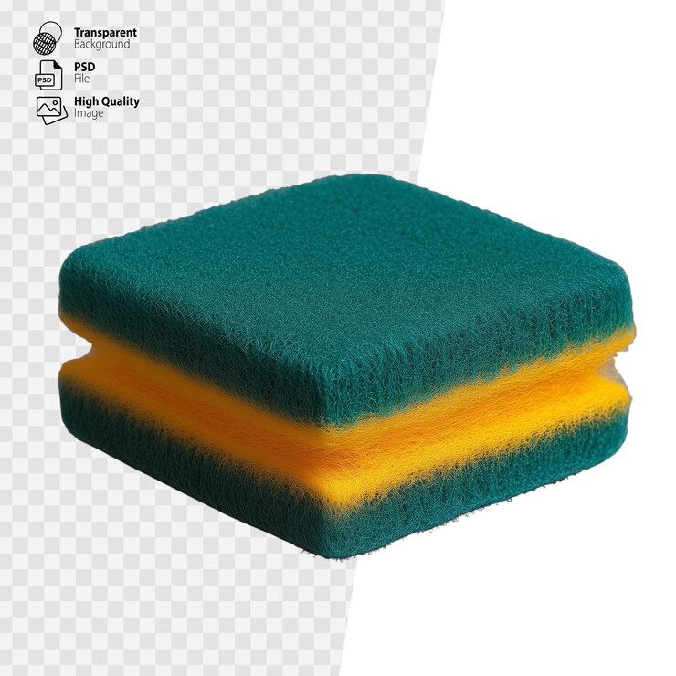 PSD esponja de dos capas con una almohadilla de limpieza verde y una capa absorbente amarilla aislada sobre un fondo transparente