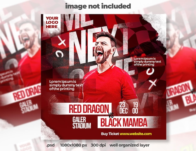 PSD esporte de futebol vermelho com modelo de banner de mídia social com efeito grunge