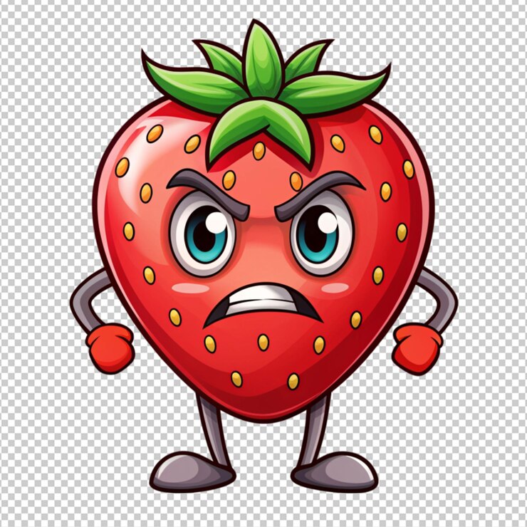 PSD espressione di rabbia della mascotte della fragola isolata su uno sfondo trasparente