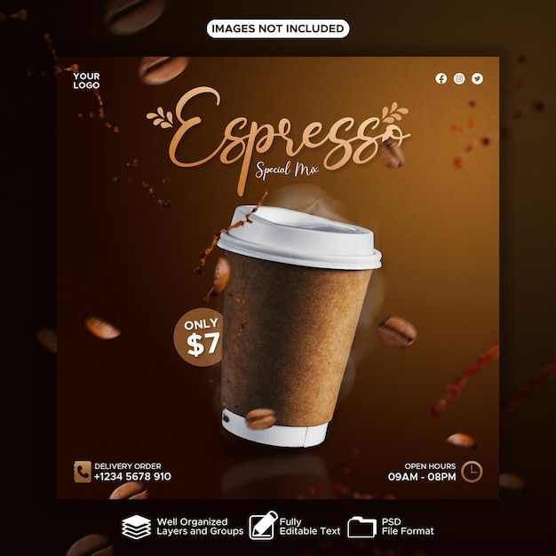 Espresso-Kaffee-PSD-Designvorlage für Social-Media-Werbung