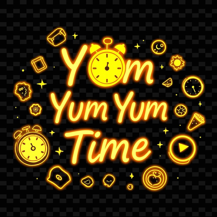 PSD espumoso yum yum tiempo texto en neon oro y amarillo rico rodeado b neon yummy tipografía designy