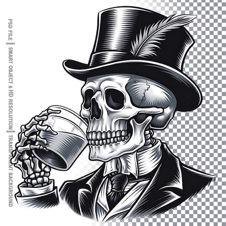 PSD esqueleto bebiendo esqueleto en blanco y negro ilustraciones
