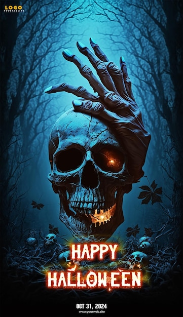 PSD esqueleto de abóbora de halloween e fundo de horror e cartaz de mansão bandeira de retrato