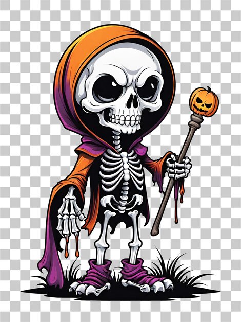 Esqueleto de halloween com abóboras em fundo transparente