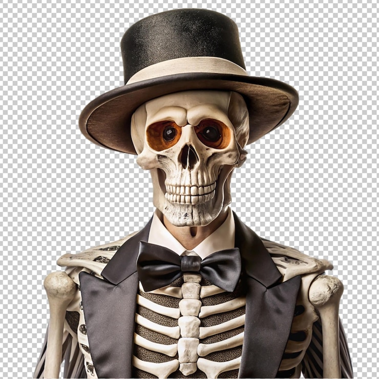 PSD esqueleto con ropa elegante con sombrero elegante en un fondo transparente